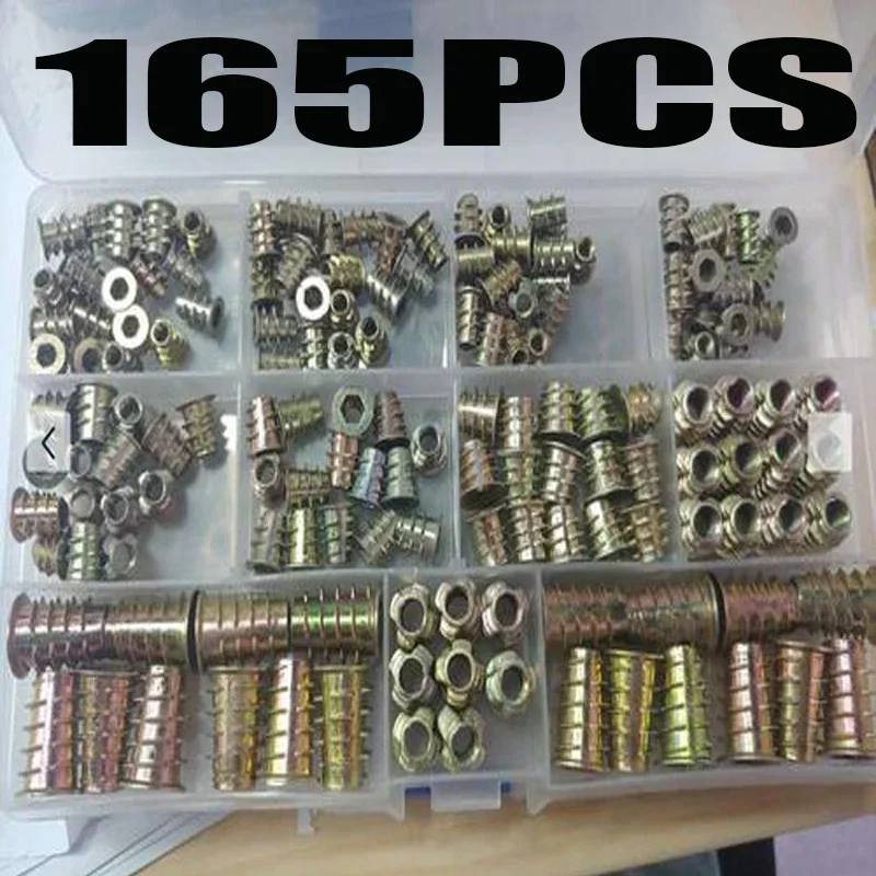 165PCS Threaded Inserts Nuts Furniture Screw in Nut Wood Inserts Metric Bolt Fastener Hex Socket Drive for Wood M4/M5/M6/M8